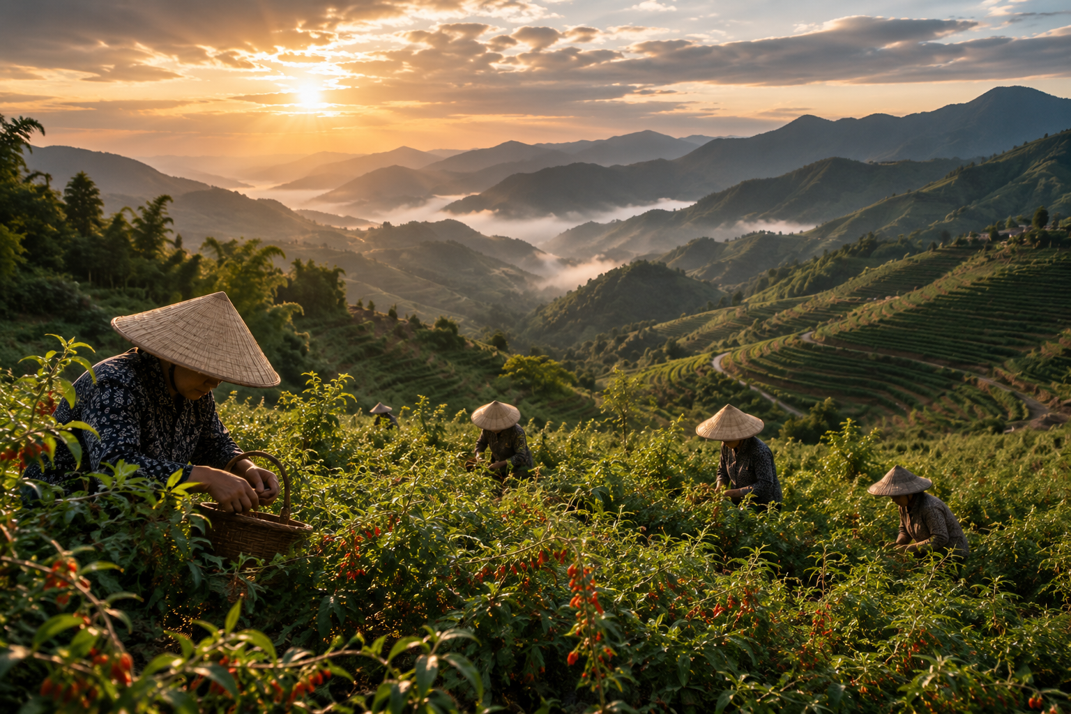 Morning Harvest on Hunan's Terraced Mountain Tea Gardens